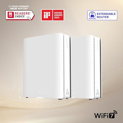 ASUS ZenWiFi BQ16 Pro: quad-band WiFi 7 mesh system, up to 4000 sq ft, dual 10G ports, strong security, ideal for large homes.