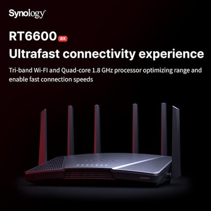 Synology RT6600ax: tri-band WiFi 6 router, 2.5GbE port, VLAN, parental controls, VPN, advanced security and network control.