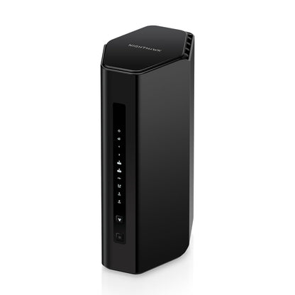 NETGEAR Nighthawk RS300: WiFi 7 router with up to 9.3Gbps speed, covers 2,500 sq ft, supports 100 devices, universal ISP compatibility.