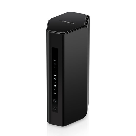 NETGEAR Nighthawk RS300: WiFi 7 router with up to 9.3Gbps speed, covers 2,500 sq ft, supports 100 devices, universal ISP compatibility.