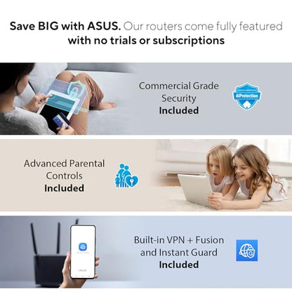 ASUS RT-BE88U: dual-band WiFi 7 router, dual 10G ports, high performance, VPN support, strong security and advanced networking.