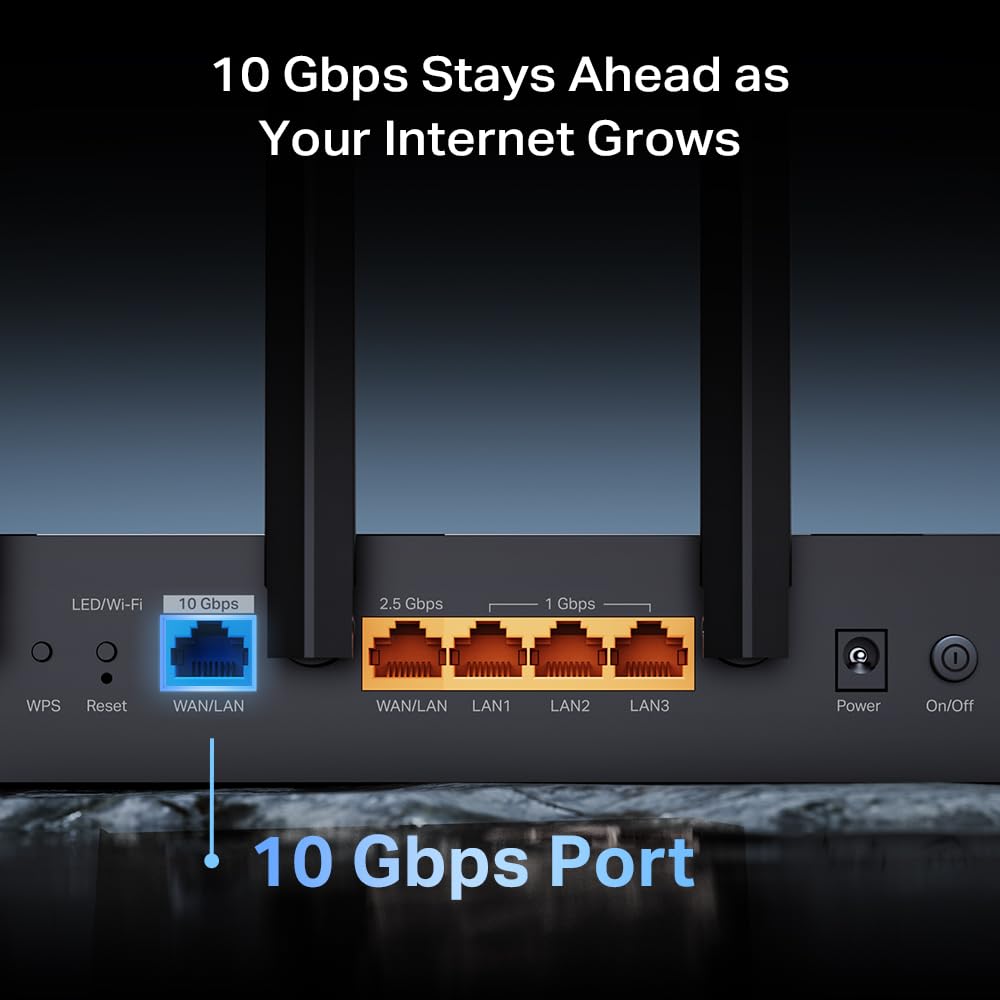 TP-Link Archer BE12000: WiFi 7 tri-band router, 10G connectivity, 6GHz support, smart assistant compatible, high-speed performance.