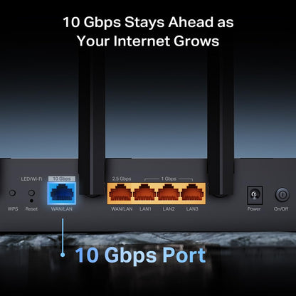 TP-Link Archer BE12000: WiFi 7 tri-band router, 10G connectivity, 6GHz support, smart assistant compatible, high-speed performance.