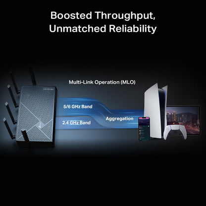 TP-Link Archer BE12000: WiFi 7 tri-band router, 10G connectivity, 6GHz support, smart assistant compatible, high-speed performance.