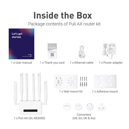 GL.iNet GL-XE3000: 5G WiFi 6 router with dual SIM, built-in battery, VPN, OpenWrt, secure and portable for business or travel.