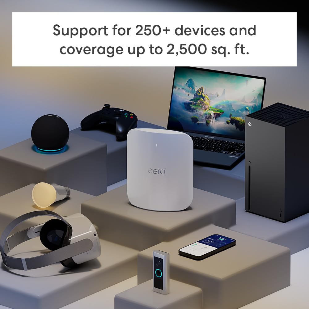 Amazon eero Max 7: mesh WiFi 7 system, supports up to 10Gbps plans, covers 2,500 sq ft, connects 250+ devices, 1-pack.
