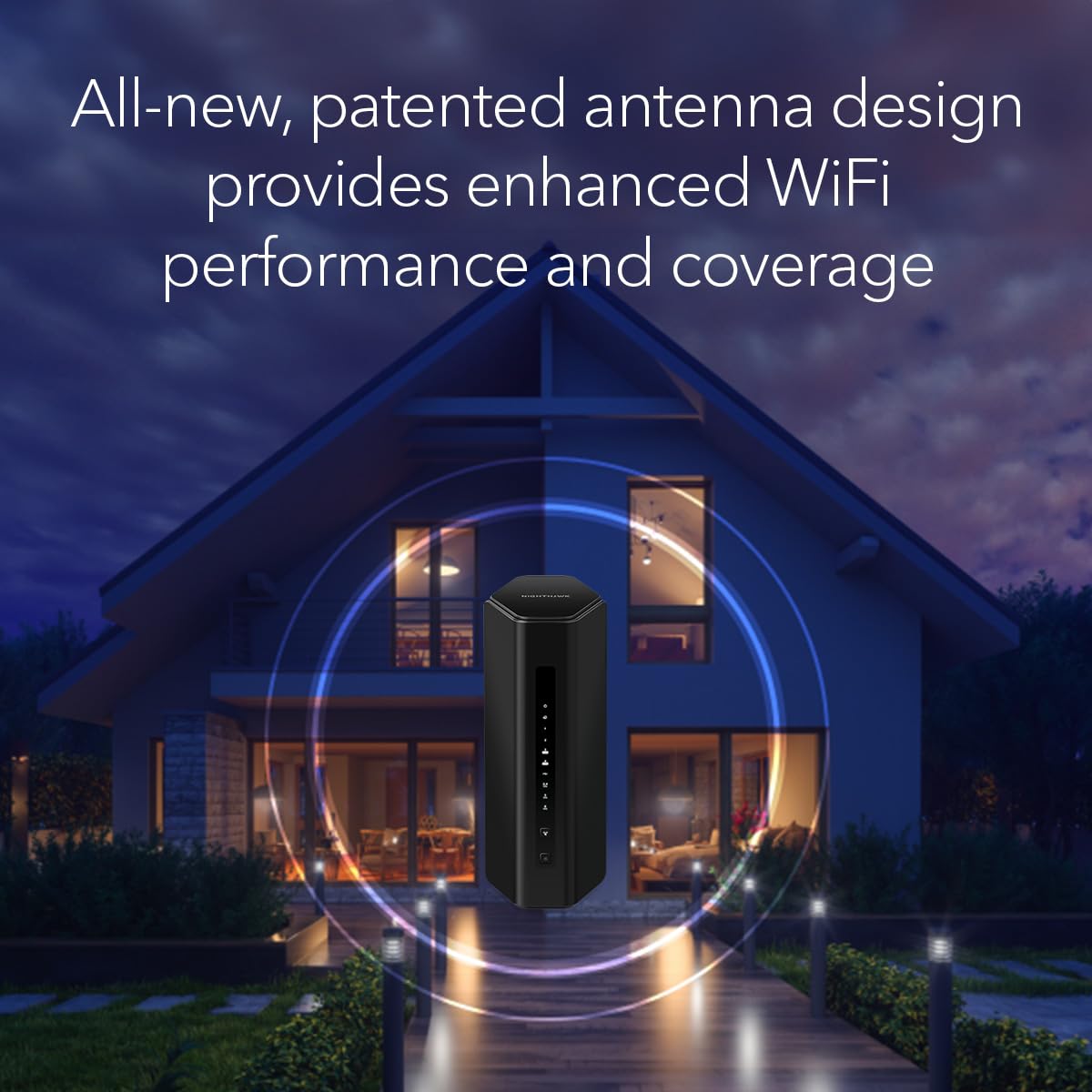 NETGEAR Nighthawk RS300: WiFi 7 router with up to 9.3Gbps speed, covers 2,500 sq ft, supports 100 devices, universal ISP compatibility.