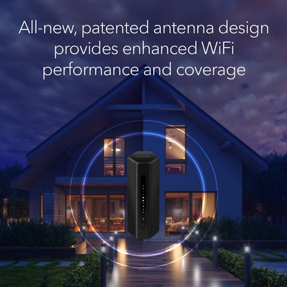 NETGEAR Nighthawk RS300: WiFi 7 router with up to 9.3Gbps speed, covers 2,500 sq ft, supports 100 devices, universal ISP compatibility.