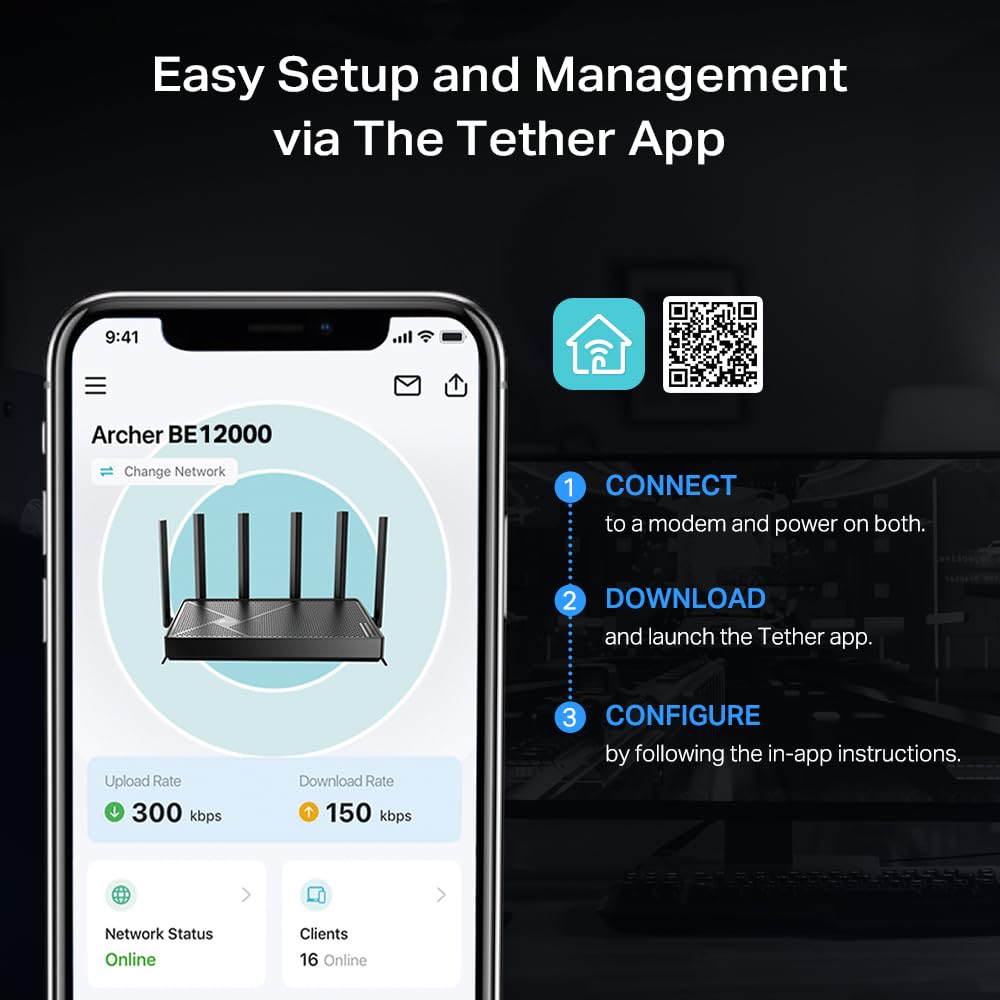 TP-Link Archer BE12000: WiFi 7 tri-band router, 10G connectivity, 6GHz support, smart assistant compatible, high-speed performance.