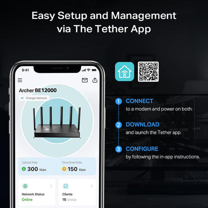 TP-Link Archer BE12000: WiFi 7 tri-band router, 10G connectivity, 6GHz support, smart assistant compatible, high-speed performance.