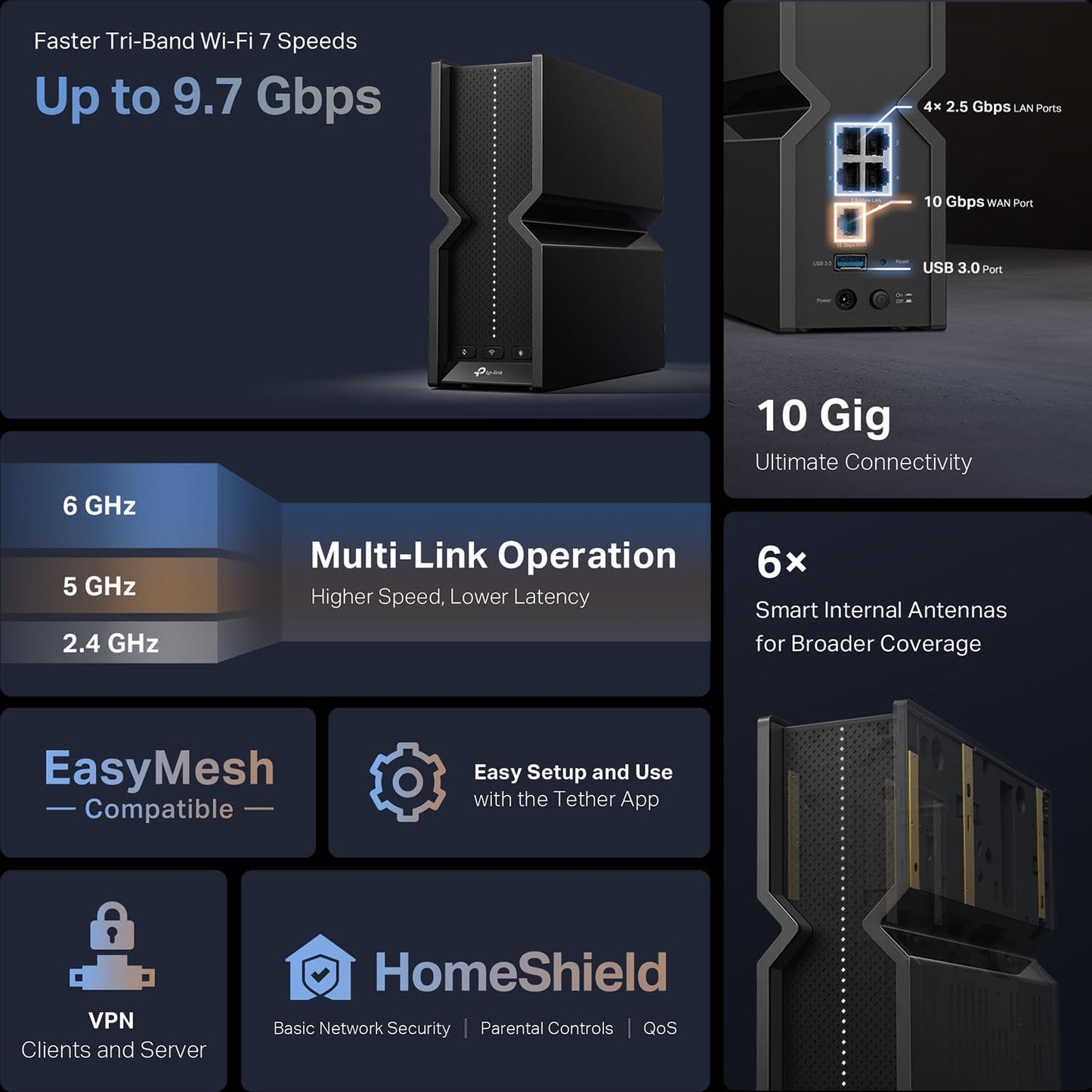 TP-Link Archer BE550 Pro: WiFi 7 router, 10G + multi-gig ports, 6GHz band, mesh support, VPN, strong and modern performance.