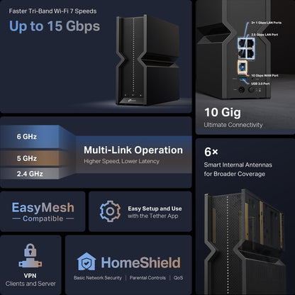 TP-Link Archer BE700: tri-band WiFi 7 router, 15Gbps speed, multi-gig ports, mesh support, VPN, optimized for fast home networks.
