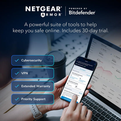 NETGEAR Nighthawk RS300: WiFi 7 router with up to 9.3Gbps speed, covers 2,500 sq ft, supports 100 devices, universal ISP compatibility.