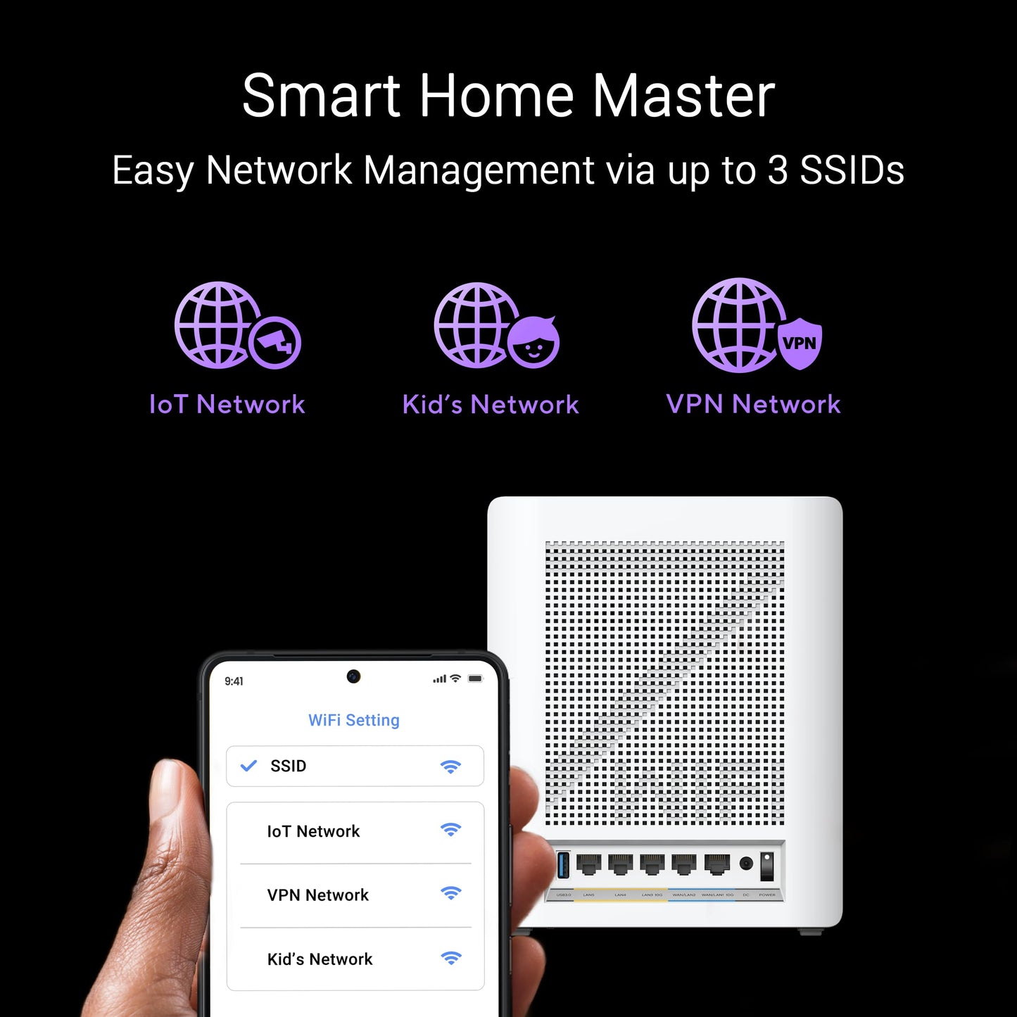 ASUS ZenWiFi BQ16 Pro: quad-band WiFi 7 mesh system, up to 4000 sq ft, dual 10G ports, strong security, ideal for large homes.